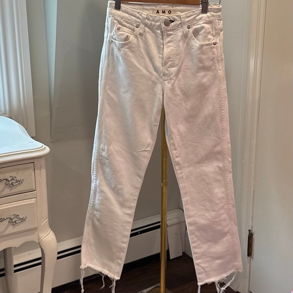 AMO Denim 2010s Sea Salt White Straight Crop Jeans Button Fly & Raw Hem Size 25 - Picture 3 of 15